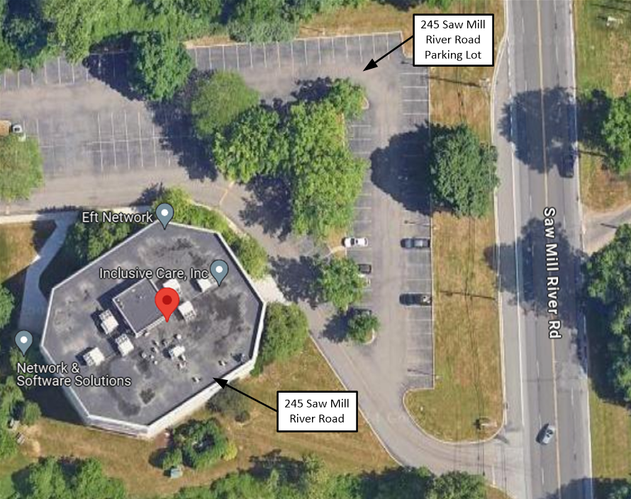 Aerial view showing 245 Saw Mill River Road and the adjacent parking lot